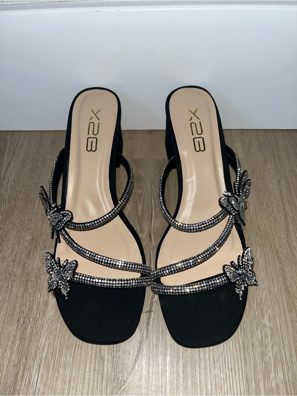 X2 Black Rhinestone Butterfly Strappy Mules